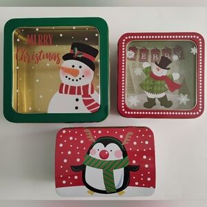 3 Square Box Christmas Tin Canisters Modern Holiday Theme Snowman Penguin